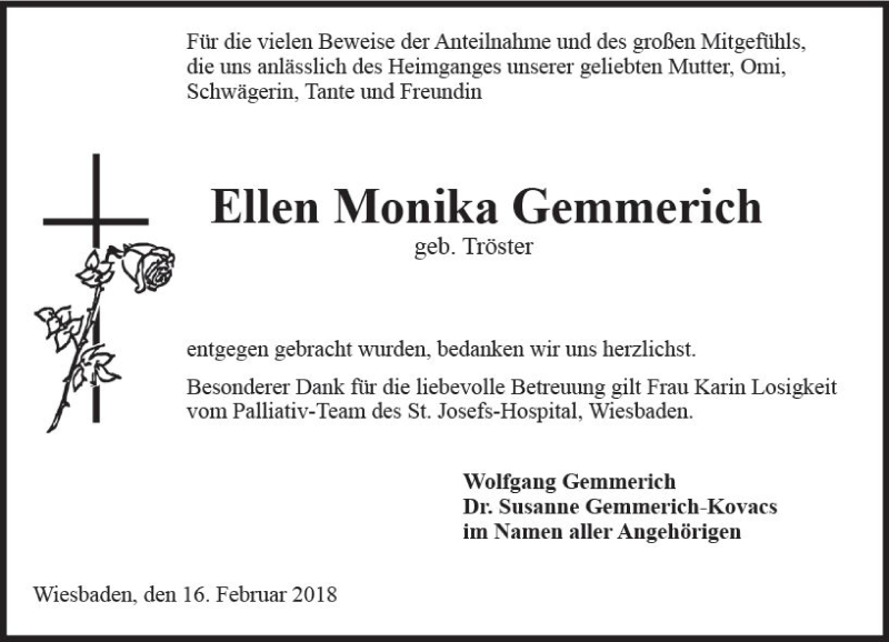  Traueranzeige für Ellen Monika Gemmerich vom 17.02.2018 aus Trauerportal Rhein Main Presse
