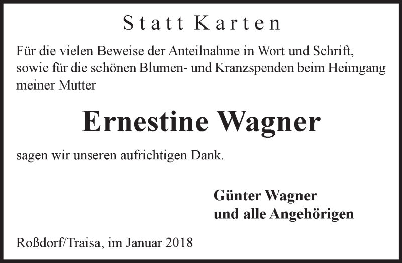  Traueranzeige für Ernestine Wagner vom 10.02.2018 aus Trauerportal Rhein Main Presse