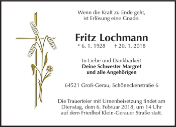 Traueranzeige von Fritz Lochmann von Trauerportal Rhein Main Presse