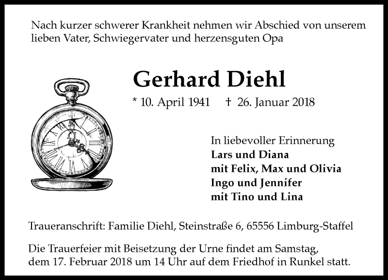  Traueranzeige für Gerhard Diehl vom 10.02.2018 aus Trauerportal Rhein Main Presse