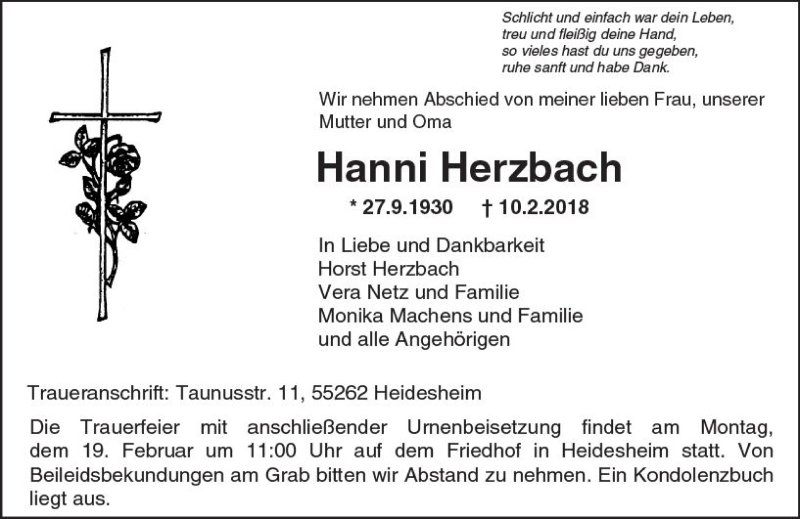  Traueranzeige für Hanni Herzbach vom 14.02.2018 aus Trauerportal Rhein Main Presse