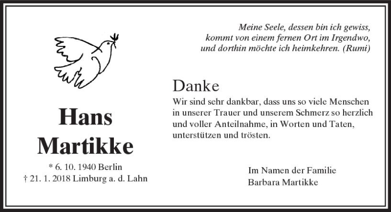  Traueranzeige für Hans Martikke vom 22.02.2018 aus  Camberger Anzeiger