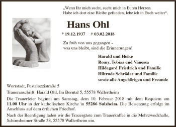 Traueranzeige von Hans Ohl von Trauerportal Rhein Main Presse