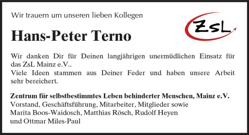  Traueranzeige für Hans-Peter Terno vom 21.02.2018 aus Trauerportal Rhein Main Presse