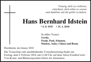 Traueranzeige von Hans Bernhard Idstein von Trauerportal Rhein Main Presse