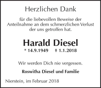 Traueranzeige von Harald Diesel von Trauerportal Rhein Main Presse