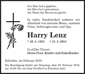 Traueranzeige von Harry Lenz von  Kreisanzeiger