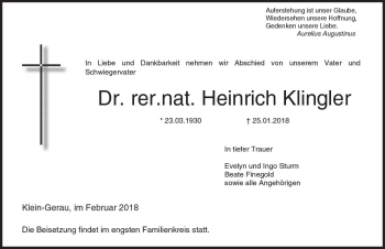 Traueranzeige von Heinrich Klingler von Trauerportal Rhein Main Presse