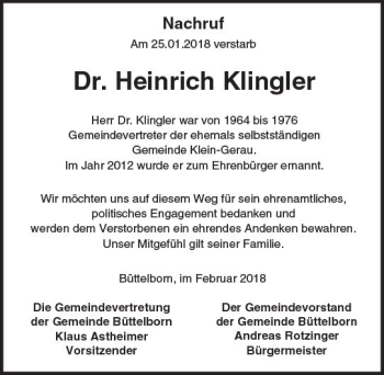 Traueranzeige von Heinrich Klingler von Trauerportal Rhein Main Presse