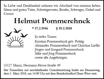Traueranzeige von Helmut Pommerehnck von Trauerportal Rhein Main Presse