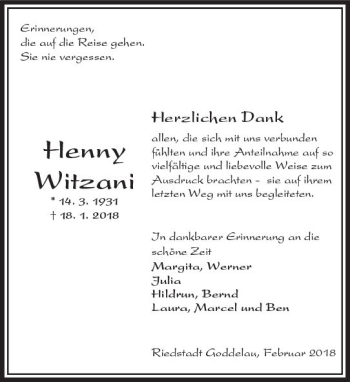 Traueranzeige von Henny Witzani von Trauerportal Rhein Main Presse