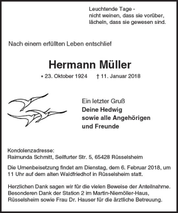 Traueranzeige von Hermann Müller von Trauerportal Rhein Main Presse