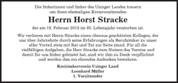 Traueranzeige von Horst Stracke von  Usinger Anzeiger
