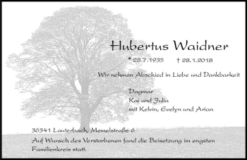 Traueranzeige von Hubertus Waidner von VRM Trauer