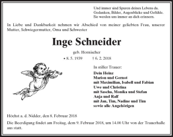 Traueranzeige von Inge Schneider von  Kreisanzeiger