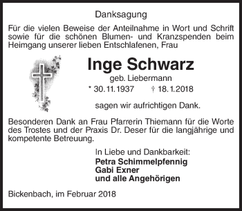 Traueranzeige von Inge Schwarz von Trauerportal Rhein Main Presse