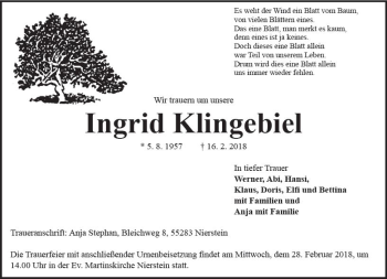 Traueranzeige von Ingrid Klingebiel von Trauerportal Rhein Main Presse