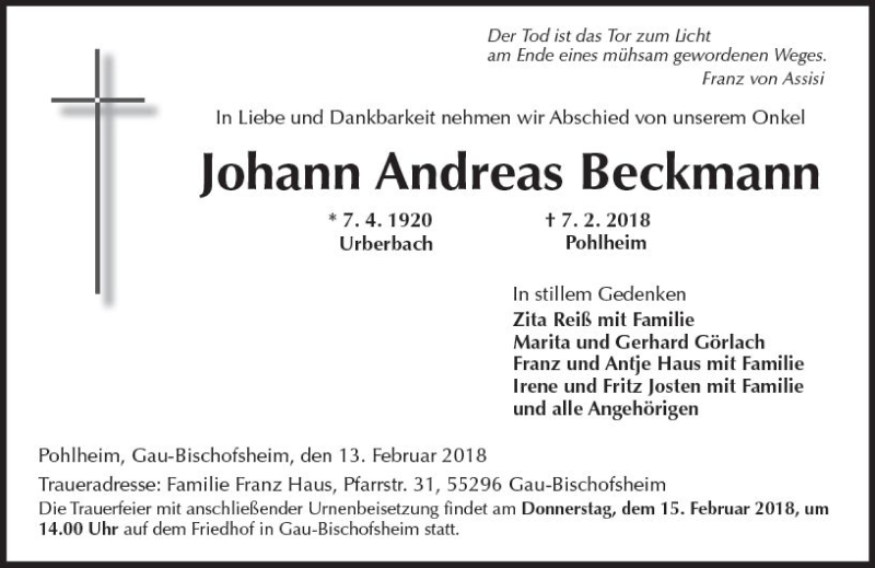  Traueranzeige für Johann Andreas Beckmann vom 13.02.2018 aus Trauerportal Rhein Main Presse