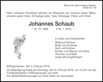 Traueranzeige von Johannes Schaub von VRM Trauer