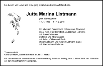 Traueranzeige von Jutta Marina Listmann von Trauerportal Rhein Main Presse