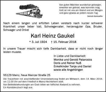 Traueranzeige von Karl Heinz Gaukel von Trauerportal Rhein Main Presse