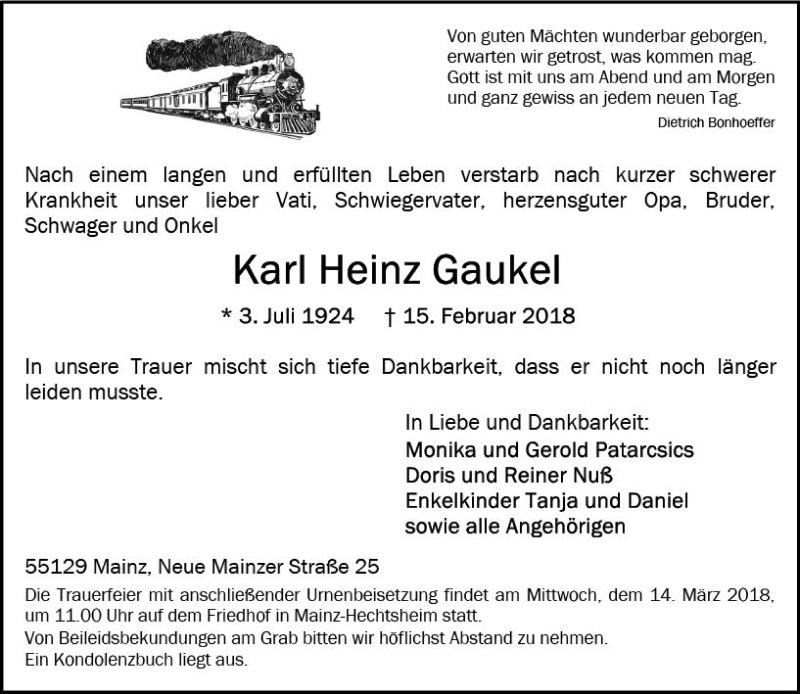  Traueranzeige für Karl Heinz Gaukel vom 24.02.2018 aus Trauerportal Rhein Main Presse