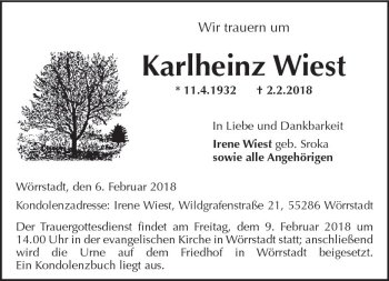 Traueranzeige von Karlheinz Wiest von Trauerportal Rhein Main Presse