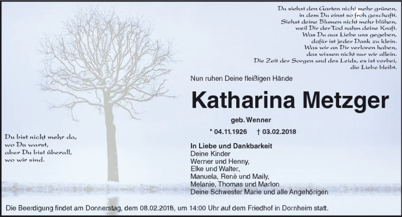  Traueranzeige für Katharina Metzger vom 06.02.2018 aus Trauerportal Rhein Main Presse
