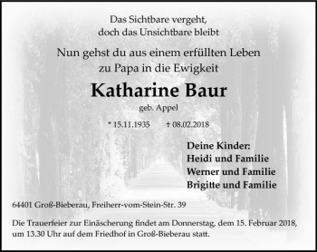 Traueranzeige von Katharine Baur von Trauerportal Rhein Main Presse