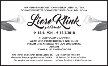 Traueranzeige von Liese Klink von Trauerportal Rhein Main Presse