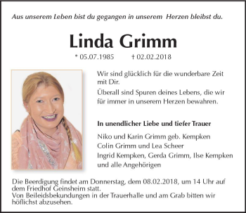 Traueranzeige von Linda Grimm von Trauerportal Rhein Main Presse