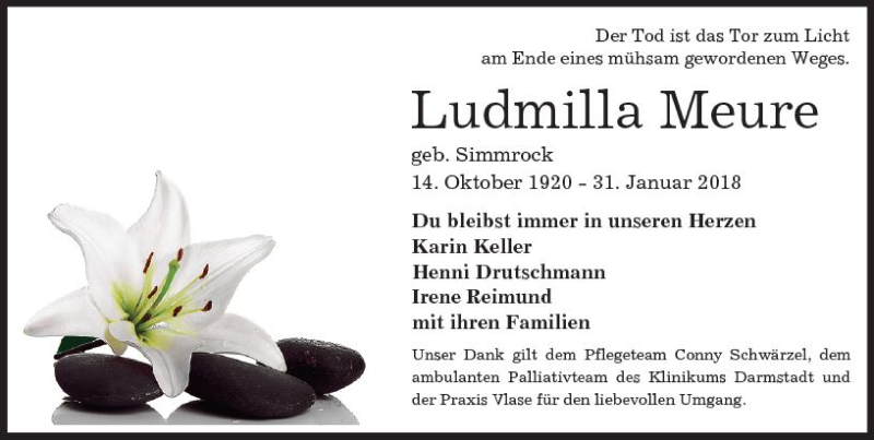  Traueranzeige für Ludmilla Meure vom 07.02.2018 aus Trauerportal Rhein Main Presse