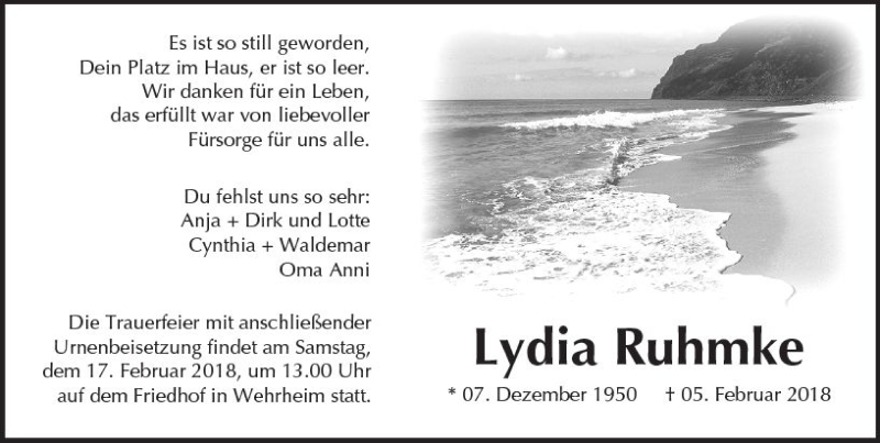  Traueranzeige für Lydia Ruhmke vom 10.02.2018 aus  Usinger Anzeiger