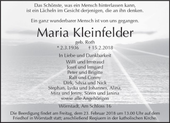 Traueranzeige von Maria Kleinfelder von Trauerportal Rhein Main Presse