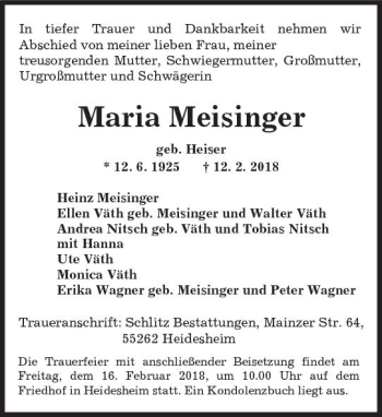 Traueranzeige von Maria Meisinger von Trauerportal Rhein Main Presse