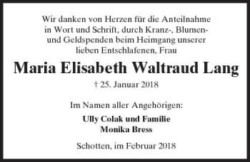 Traueranzeige von Maria Elisabeth Waltraud Lang von  Kreisanzeiger