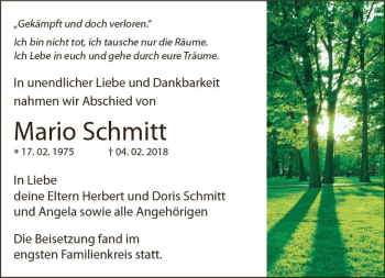 Traueranzeige von Mario Schmitt von  Gießener Anzeiger