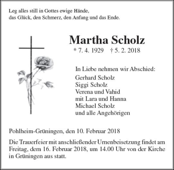 Traueranzeige von Martha Scholz von  Gießener Anzeiger