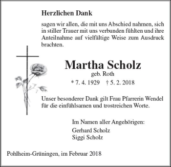 Traueranzeige von Martha Scholz von  Gießener Anzeiger