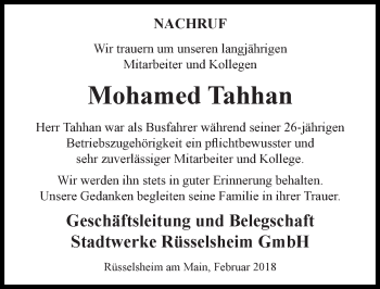 Traueranzeige von Mohamed Tahhan von Trauerportal Rhein Main Presse