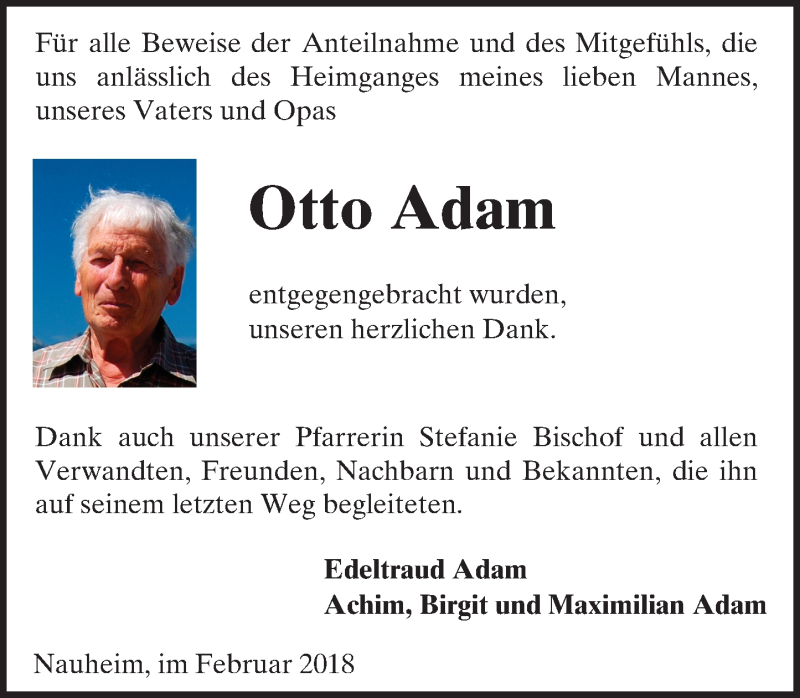  Traueranzeige für Otto Adam vom 10.02.2018 aus Trauerportal Rhein Main Presse