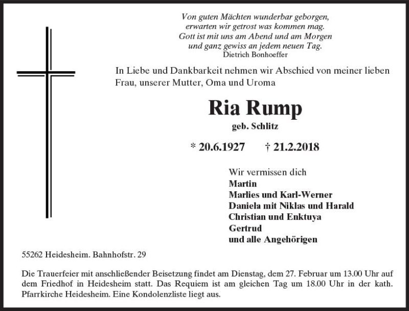  Traueranzeige für Ria Rump vom 23.02.2018 aus Trauerportal Rhein Main Presse