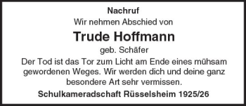Traueranzeige von Trude Hoffmann von Trauerportal Rhein Main Presse
