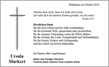 Traueranzeige von Ursula Markert von  Usinger Anzeiger