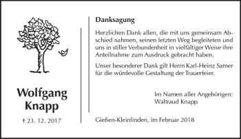 Traueranzeige von Wolfgang  Knapp von  Gießener Anzeiger