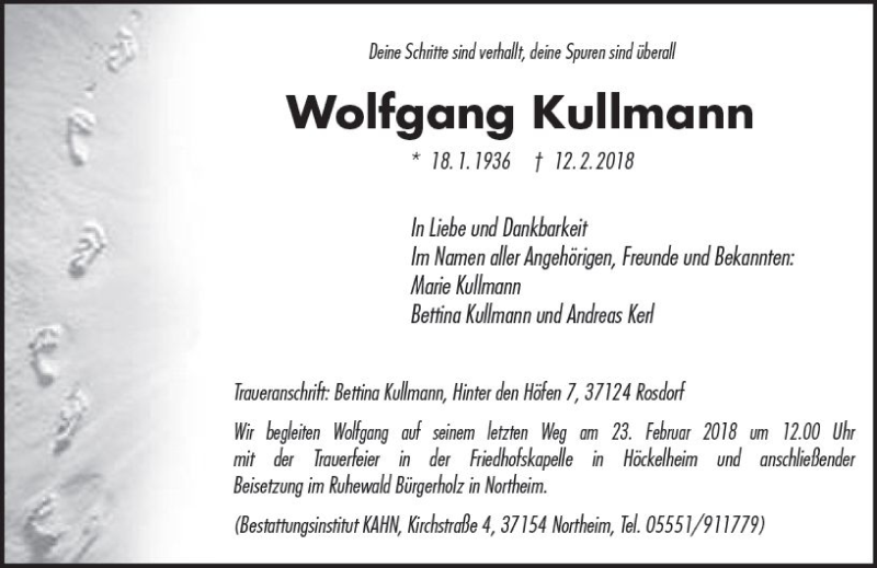  Traueranzeige für Wolfgang Kullmann vom 17.02.2018 aus  Gießener Anzeiger