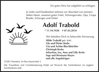 Traueranzeige von Adolf Trabold von Trauerportal Rhein Main Presse