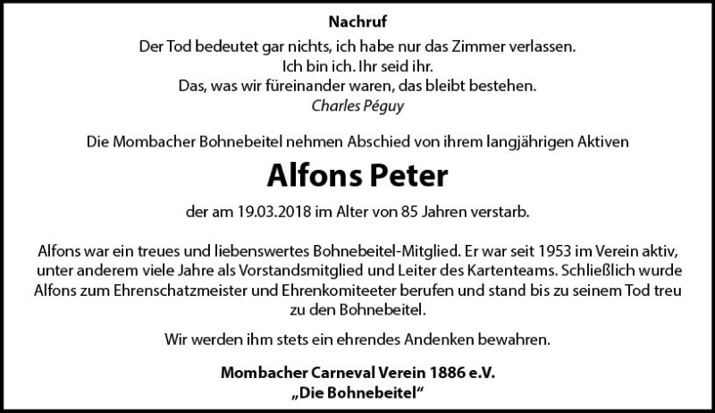  Traueranzeige für Alfons Peter vom 24.03.2018 aus Trauerportal Rhein Main Presse