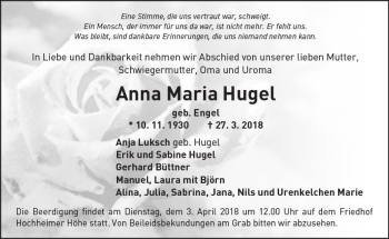 Traueranzeige von Anna Maria Hugel von Trauerportal Rhein Main Presse