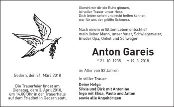Traueranzeige von Anton Gareis von  Kreisanzeiger